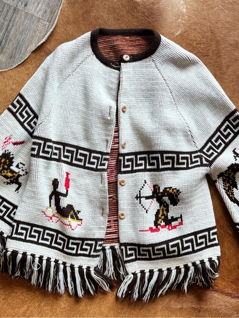 Vintage Horoscope Ivory & Brown Knit Fringe Cardigan Jacket poncho cape S/M